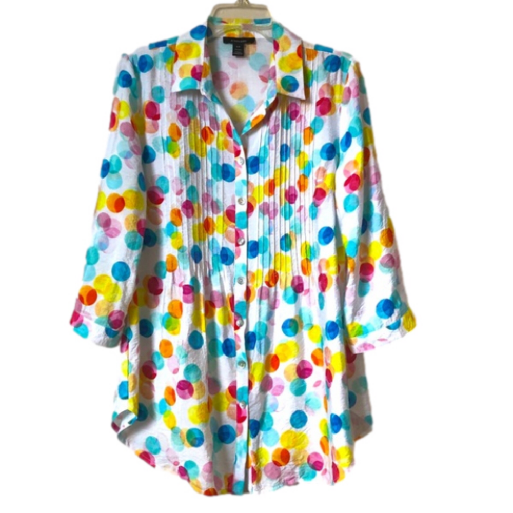 Alison Sheri Polka Dot Smock Top Multi Colour 3/4 Roll-Tab Sleeve Shell Buttons